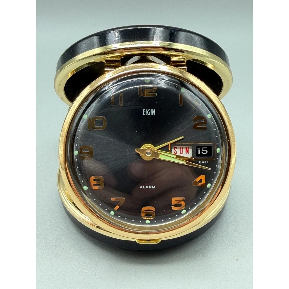 Vintage Elgin Travel Alarm Clock Day Date Japan 75th Anniversary 1903-1978 #1125
